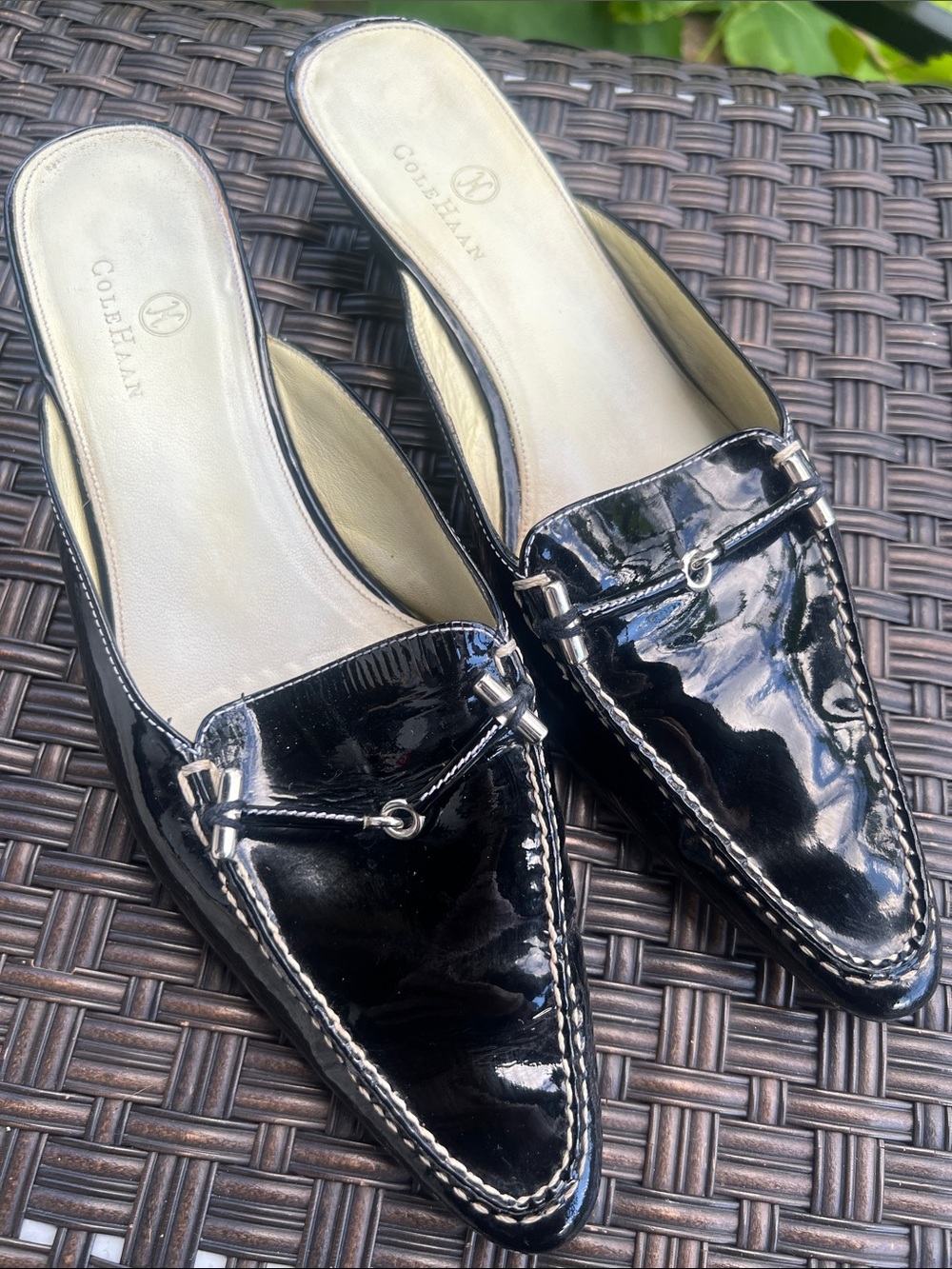 Cole Haan Black Patent Leather Mule with Metal Bit Detail
